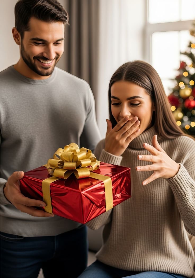 Man giving red gift box with gold bow to surprised woman couple present
